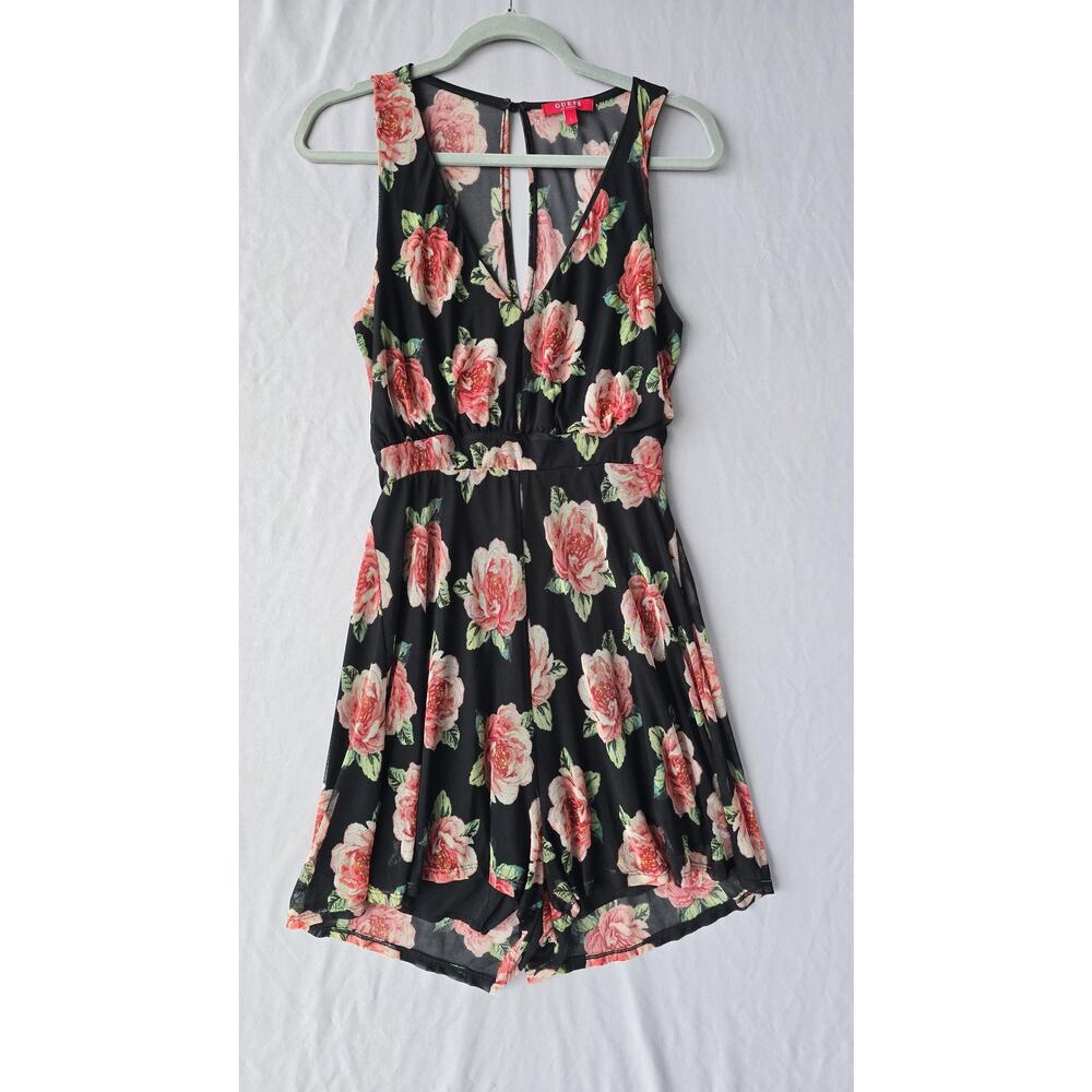 Vintage Guess Romper Womens Large Black Floral Sleeveless Elastic Waist Lined